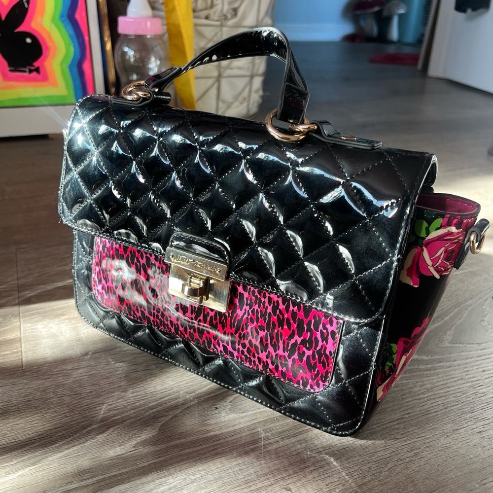 Betsey Johnson Faux Leather Black Quilted Crossbody Bag with Pink Leopard Accent